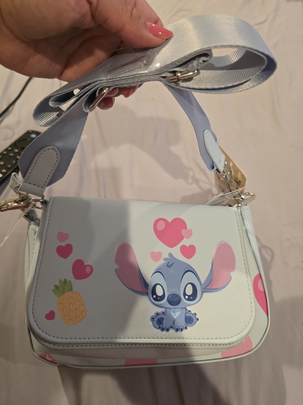Disney Light Blue Stitch Crossbody Bag with Pink Hearts